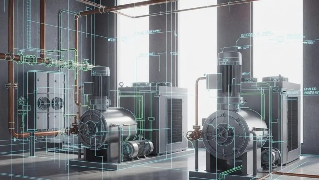 Engineering Equipment in a clean environment with overlays of technical darwings and information