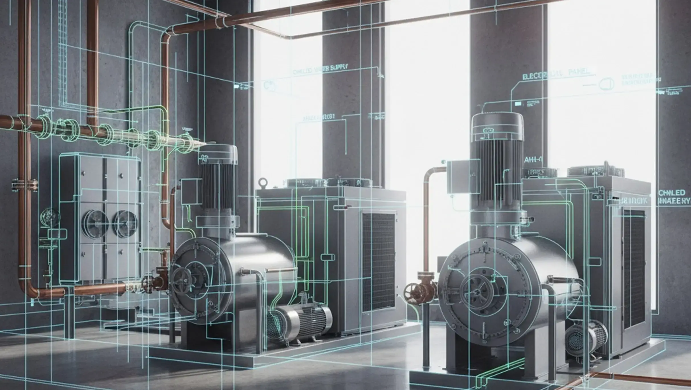 Engineering Equipment in a clean environment with overlays of technical darwings and information